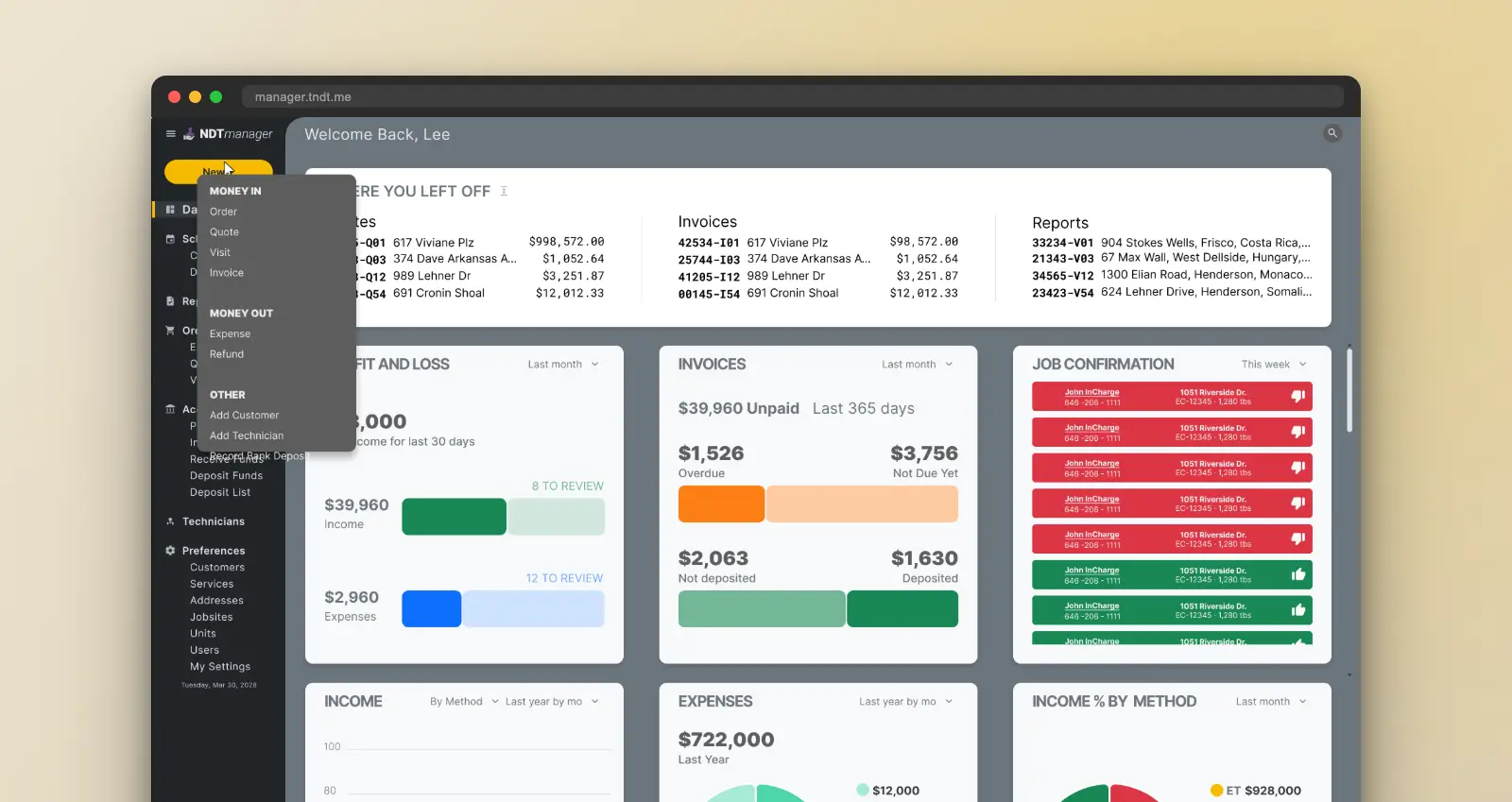 NDTmanager CRM — main dashboard with widgets